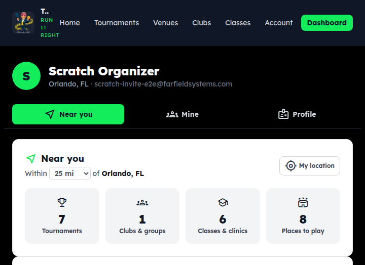 The top of the Account page: your name and city, three tabs — Near you, Mine, Profile — and the Near you tiles with counts of tournaments, clubs, classes and places to play within 25 miles
