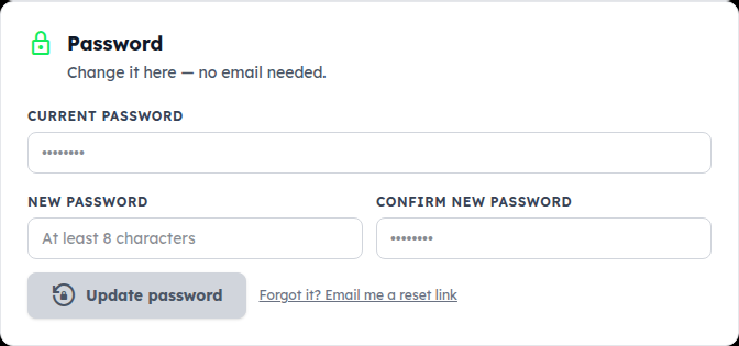 The Password card: current password, new password, confirm, Update password, and an email-me-a-reset-link option