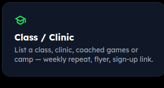 The Class / Clinic card on the Dashboard