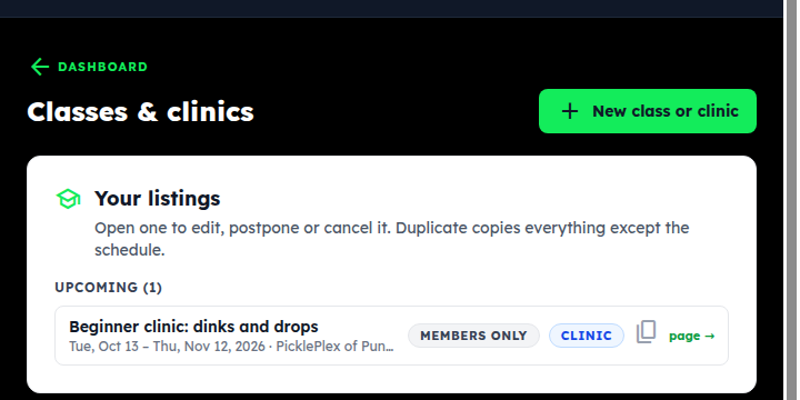 The Classes & clinics hub with the New class or clinic button and Your listings