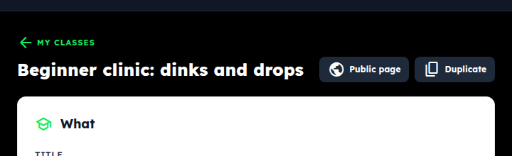 The top of a listing's edit page: Public page and Duplicate buttons