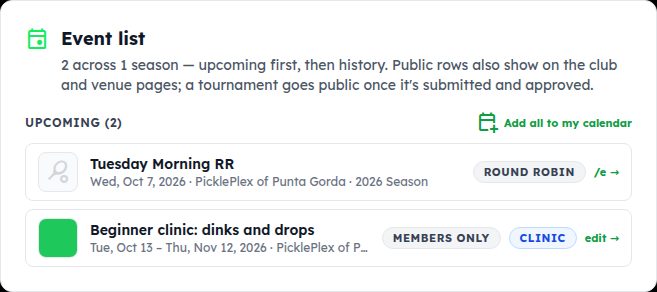 A club's Event list with the clinic on it, marked Members only and Clinic