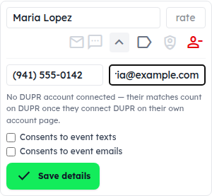 A member row opened to its contact panel: mobile, email and two consent boxes
