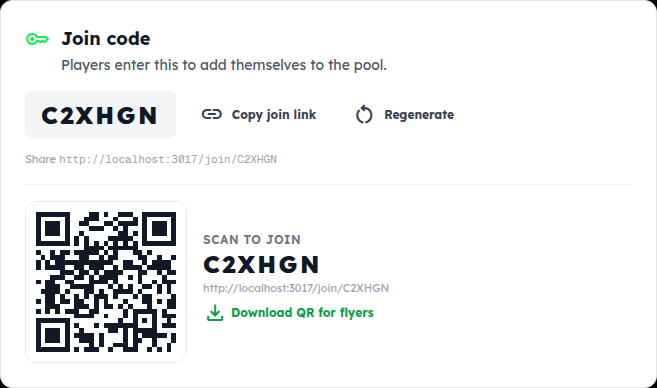 The Join code card: a six-letter code, Copy join link, Regenerate, and a QR code to download
