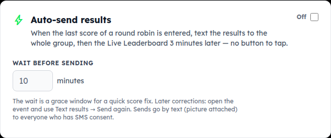 The Auto-send results card with its switch and a wait-time box
