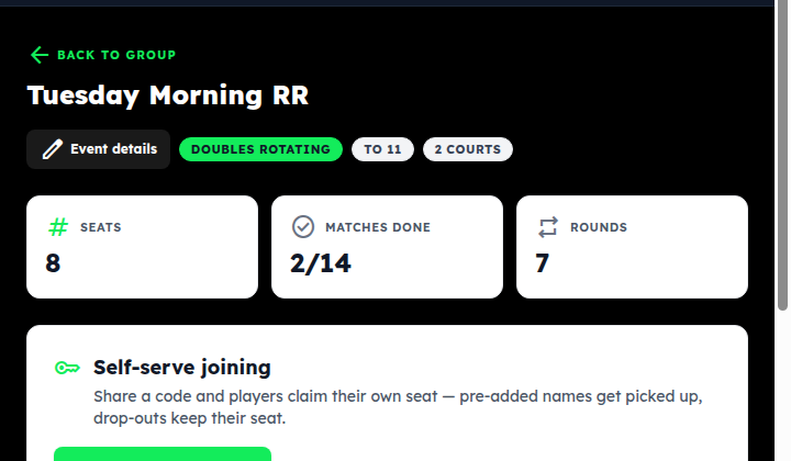 Top of a round robin night: format badges, seats / matches done / rounds, and the self-serve joining card