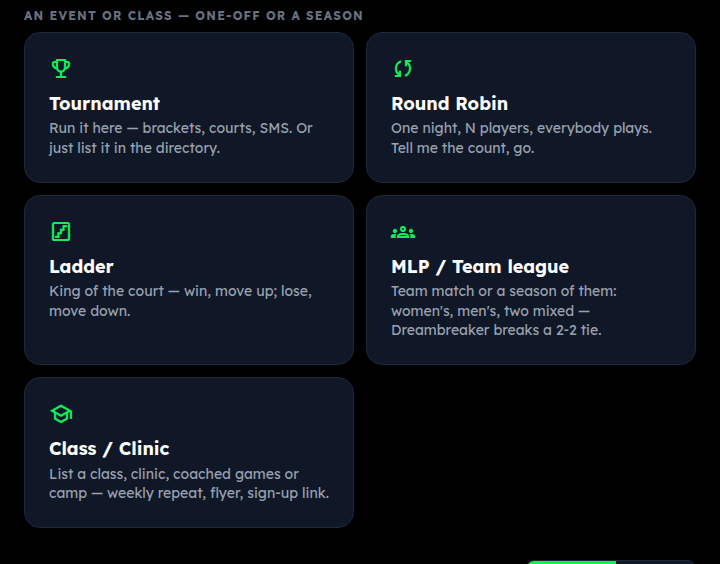 The Dashboard event cards: Tournament, Round Robin, Ladder, MLP / Team league, Class / Clinic