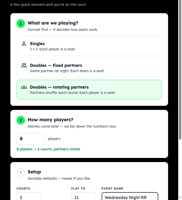 The New Round Robin page: Singles / Doubles fixed partners / Doubles rotating partners, how many players, courts, play to, event name, optional club