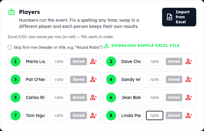 The Players card: numbered seats with a name box and a rate box each, plus Import from Excel