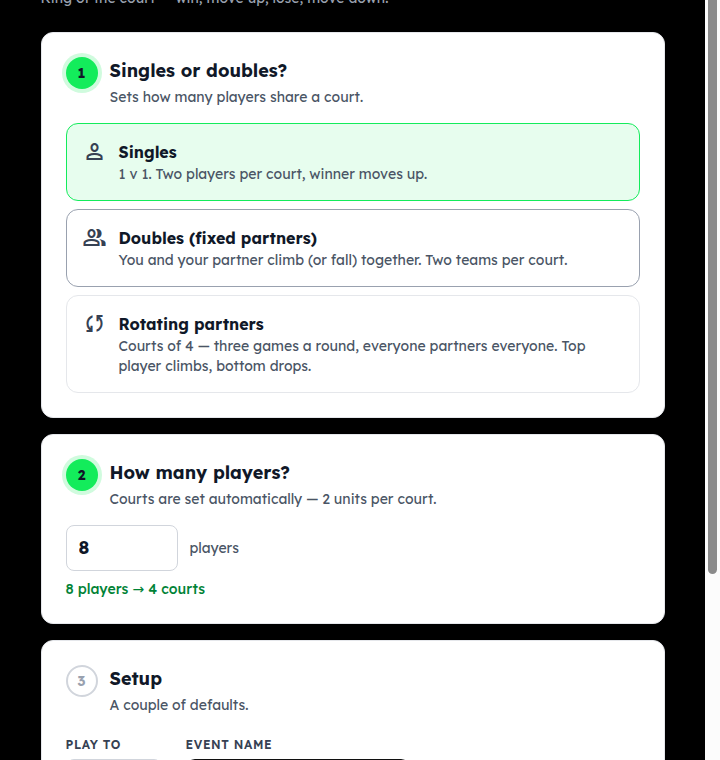 The New Ladder page: Singles / Doubles fixed partners / Rotating partners, how many players, play to, event name
