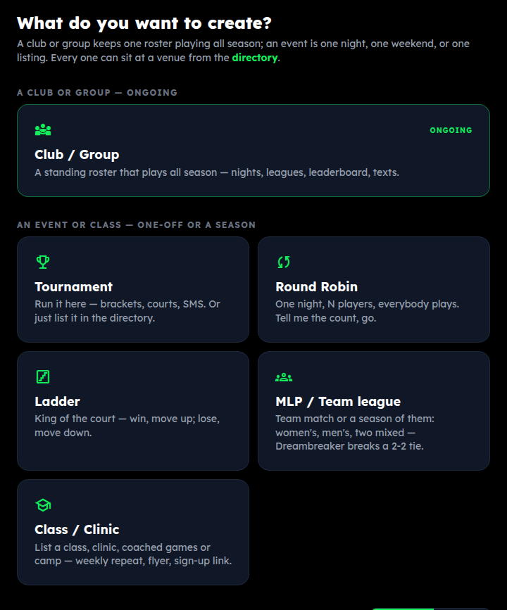 The Dashboard's “What do you want to create?” cards with Tournament first