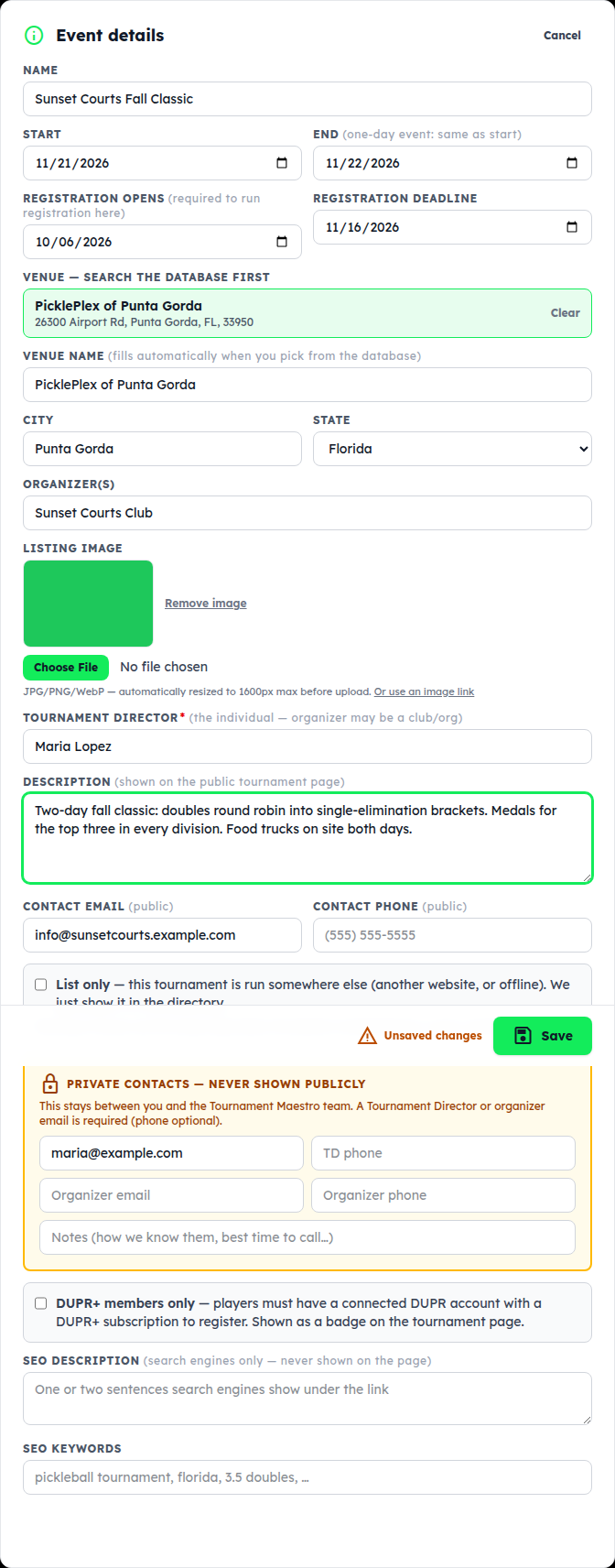 The Event details editor: dates, registration window, venue search, organizer, listing image, tournament director, description, contacts