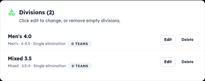 The Divisions list showing two divisions with their format and team counts