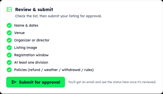 The Review & submit card with every item checked and the Submit for approval button