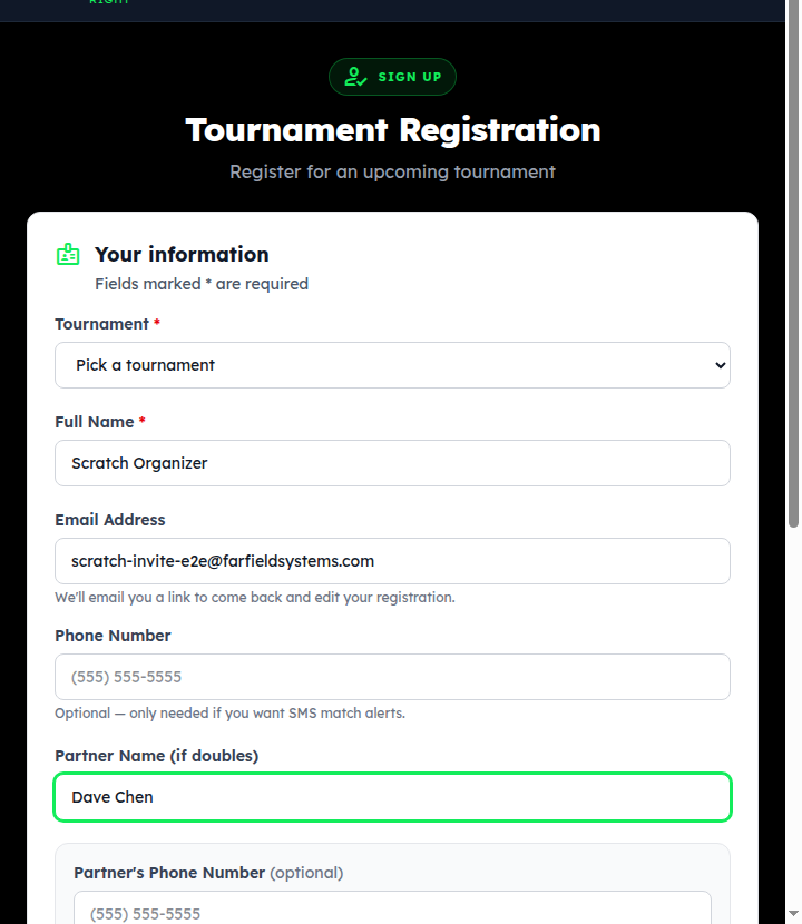 The tournament registration form: tournament, full name, email, phone, partner name, SMS consent