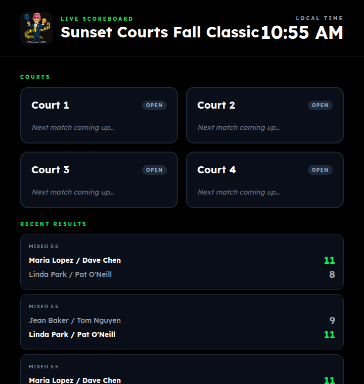 The live scoreboard: courts with current matches and recent results, auto-updating