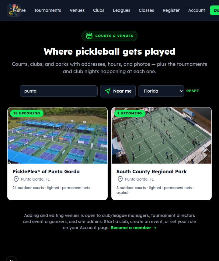 The Venues directory: search box, state filter, and venue cards with court counts and how many events are coming up