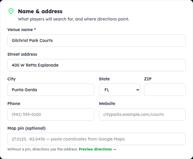 The Add a venue form, Name & address card: venue name, street, city, state, ZIP, phone, website, map pin